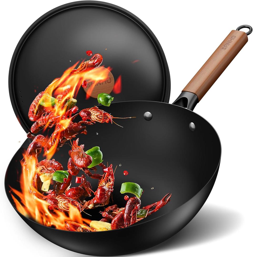 Sanho 12.6"/32cm Carbon Steel Wok Pan, 5QT Nonstick Wok with Lid, No Seasoning Required & 0 Coating, Compatible with All Cooktops & Utensils for Healthy Stir Frying, Frying, Boiling, Steaming