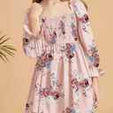 Girls Floral Ruffle Mini Dress Square Neck Lantern Sleeve Smocked Flower Chiffon Boho Sundress