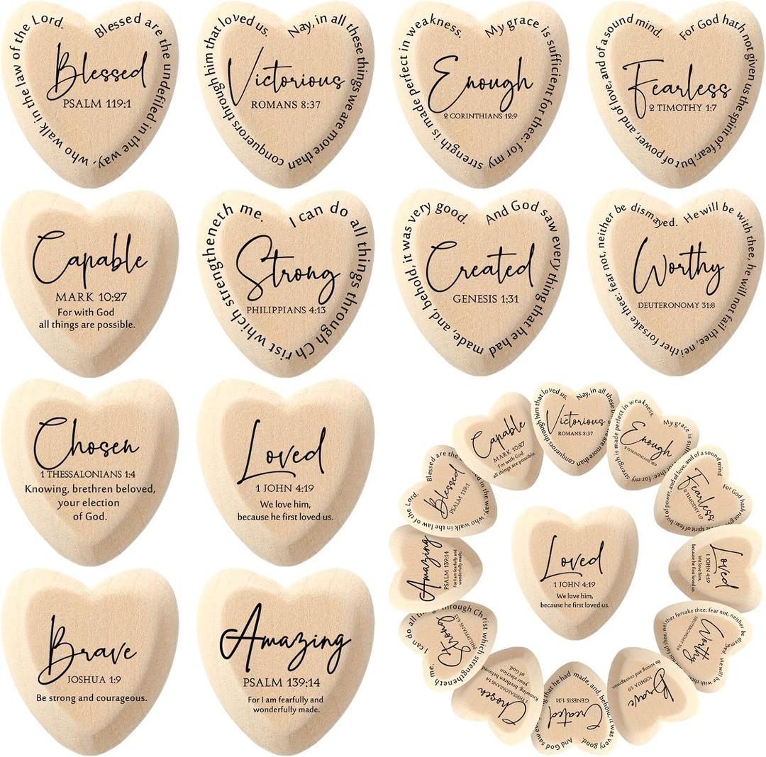Geelin Christian Gift Religious Wooden Heart Tokens with Inspirational Bible Verses Pocket Hug for Mother's Day Mom Women Men Friends Church Scripture Party Favor(Natural,36 Pcs)