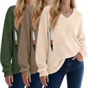 Sweetyweee 3 Pack Women's Oversized Nursing Tops Waffle Knit V Neck Breastfeeding Long Sleeve Shirts Hidden Zipper Sweatshirt(Beige, Brown, Green,Small)
