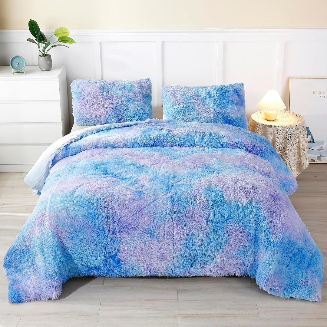 WINLIFE Shaggy Bedding Set - Faux Fur Flannel Furry Comforter, Microfiber Plush Comforters with Pastel Gradient Ombre Tie Dye Multicolor Pattern for Girls & Adults (3Pcs, Full, Purple Blue)