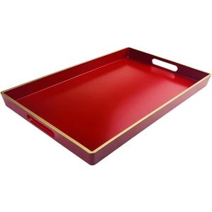 Red Decorative Tray, Rectangular Serving Tray with Handles, Plastic Coffee Table Tray for Ottoman, Living Room, Kitchen Tabletop, 15.6 x 10.2 x1.37