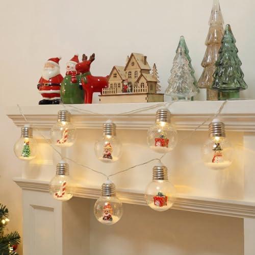 Aurelema 2 Pcs Christmas Bulbs String Lights 6.6ft 10 LED Snow Globe Lamp Spherical Lights with Tree Snowman Candy Santa Claus Gift Box for Bedroom Table Party Battery Operated (Warm Light)