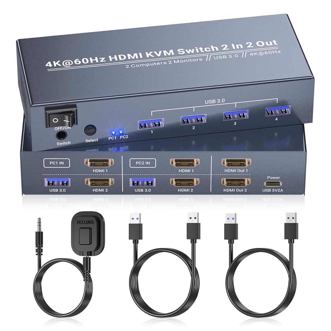 Dual Monitor HDMI KVM Switch 2 Monitors 2 Computers, 4K60Hz and 4 USB 3.0, Control 2 PCs with 2 Monitors and 1 Set of Keyboard Mouse
