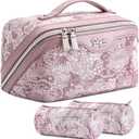 BOYATU Travel Makeup Bag for Women: Large Capacity Make up Bag with Compartments - Vegan Leather Cosmetic Bag set of 3 - Waterproof Toiletry Bag with Handle & Divider(E-1-Purple)