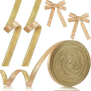 25 Yards x 5/8 Inch Christmas Velvet Ribbon for Gift Wrapping Metallic Silver Crushed Velvet Ribbon for Bows Making Wreath Decoration(Champagne, Gold)