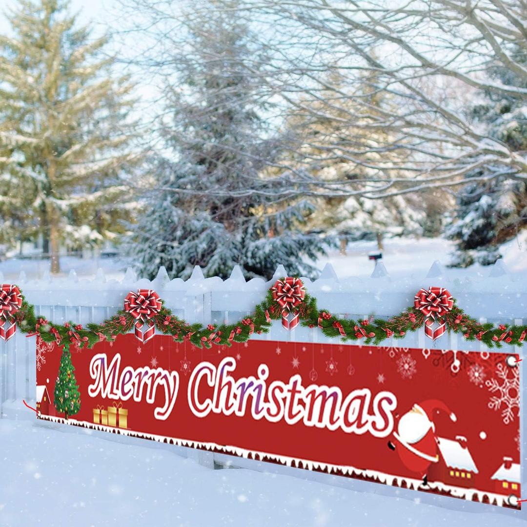 Large Merry Christmas Banner - Huge Red Xmas Sign for Outdoor & Indoor Decoration, 9.8 x 1.6 Feet