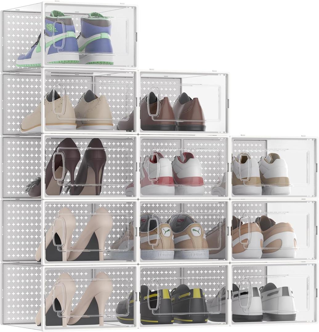 12 Pack Large Shoe Storage Box Organizer for Closet, Versatile Clear Plastic Stackable Sneaker Shoe Rack Containers Bins Holders, Portable Closet Organizers and Storage, White