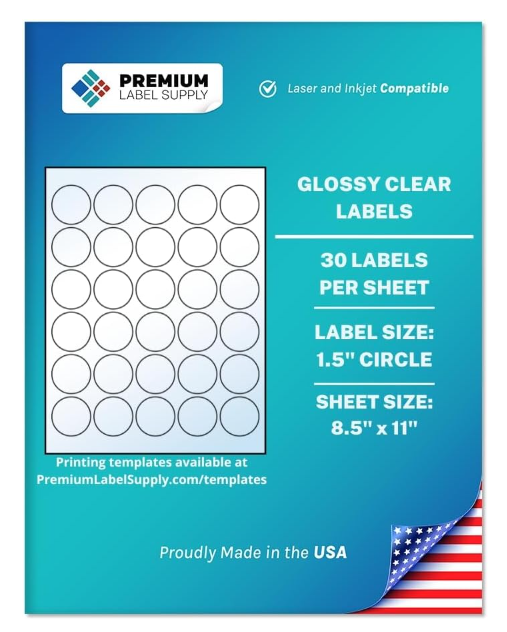 Premium Label Supply Glossy Clear Sticker Round Labels – 1.5" Circle – Laser/Inkjet Compatible – (30 per Sheet), 100 Sheets –3,000 Total Adhesive Labels