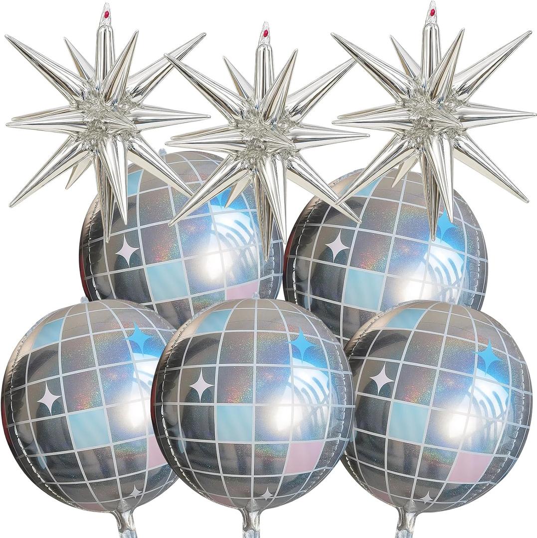 Disco Ball Balloons, 8 Pack 4D Disco Balloons with 5 Laser Pink Balloons and 3 Exploding Star, 22 Inch Party Decorations for Birthday and Celebration