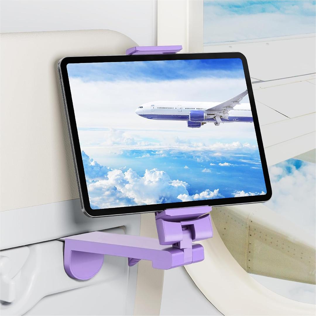 Airplane Tablet Holder Mount, Travel Essential Handsfree Tablet Stand with 360 Degree Rotation, Maximum 7.6 Clamp Opening, Compatible with iPad (Only Fits 711" Tablets) Purple