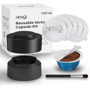 Nessus Reusable Vertuo Capsule Kit, [ALSeal EZ FIT] for Reusable Nespresso Pods with 100 Pcs Aluminum Foil Seal Lids, Holder, Brush, for Refilling Nespresso Vertuo Pods Reusable Vertuoline Pod (1 Holder + 100 Foils + 1 Brush, Black)