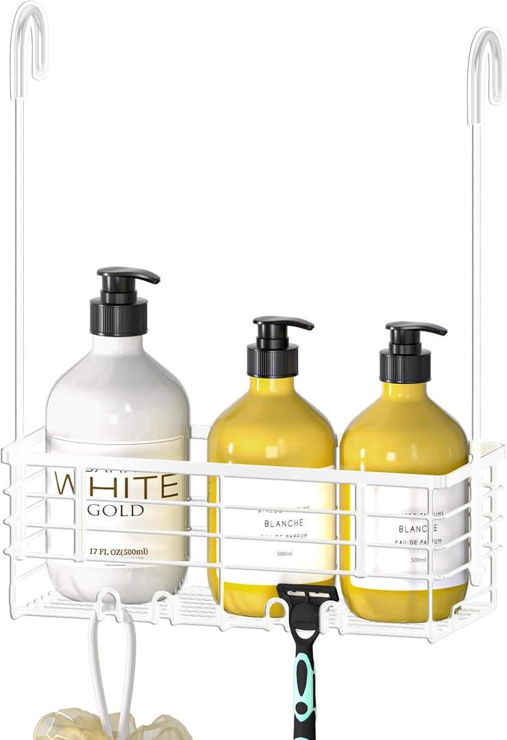 DELLAN Hanging Shower Caddy, Shower Rack Hanging for Bathroom, Shower Rack with Hooks Over the Door, Bathroom Shower Caddy and Basket(White) (11"D x 4.7"W x 3.9"H)