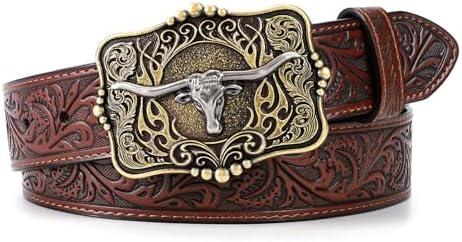 LALATCH Cowboy Cowgirl Belt Western Belts for Men Women Floral Engraved Longhorn Bull Buckle Belt for Jeans, Wasit 28"-32"
