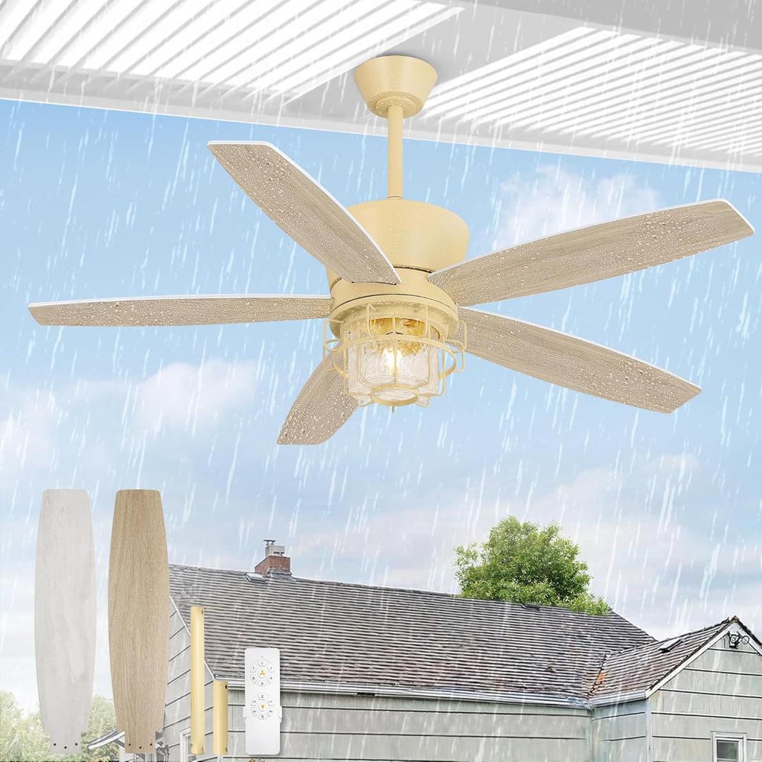 52" Outdoor Ceiling Fans with Lights and Remote Control,IP65 Wet Rated Waterproof Ceiling Fan with 6-Speed DC Motor, Farmhouse Gazebo Fan for Porch Patios Pavilion (White)