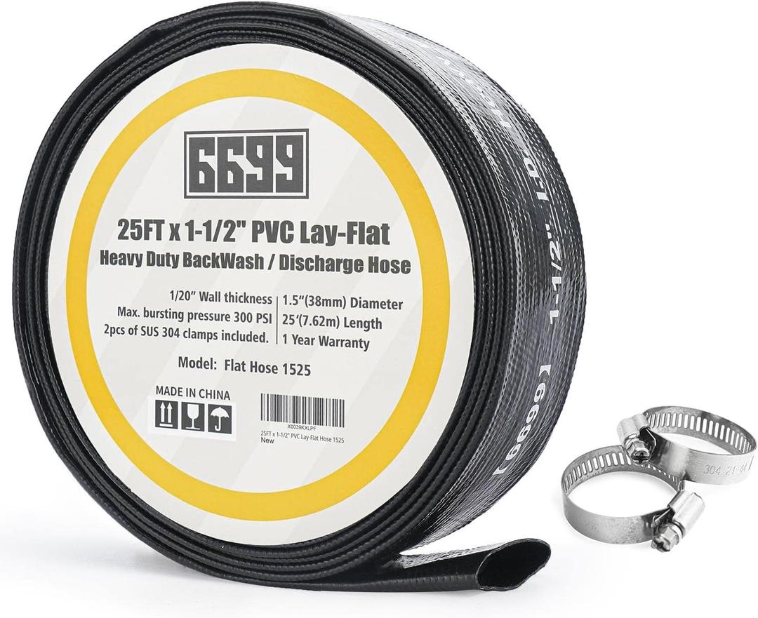 Discharge Hose 1-1/2-Inch by 25-foot Sump Pump Hose with 2pcs SUS 304 Clamps Pool Backwash Hose for Draining/Removing Water Lay Flat Hose 1525