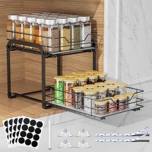 Spice Rack Organizer for Cabinet, 2 Tier Vertical Pull Out Spice Rack Heavy Duty Metal Spice Organization for Cabinet, 40-Jar Capacity, Height Adjustable Cabinet Organizer (9"W10.5"D9"H, Black)
