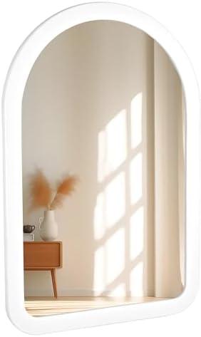 Arched Mirror 24 x 36 Inch, White Wood Rustic Bathroom Tempered Wall Mirror with Wood Frame, Round Corner Arch Farmhouse Wooden Vanity Mirror for Living Room, Entryway or Bedroom