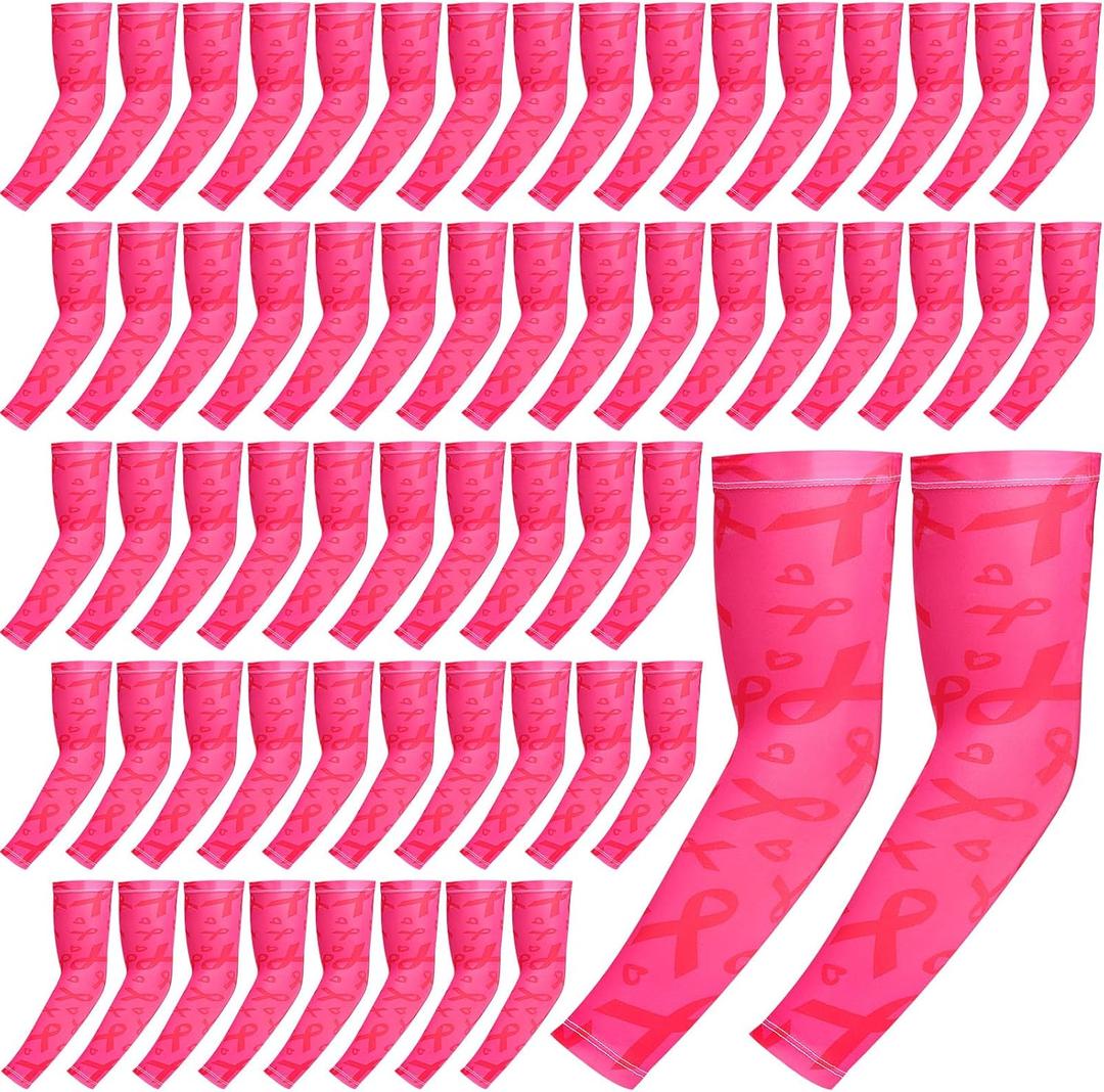 Hercicy 30 Pairs Pink Ribbon Arm Sleeves Breast Cancer Awareness Sleeves for Football Baseball Sports Accessories (Rose Red)