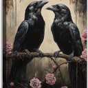 OAAPITI Crow Canvas Wall Art Black Raven Picture Print Pink Rose Poster Vintage Gothic Painting Artwork for Living Room Halloween Decor(Artwork-6,16"x24")