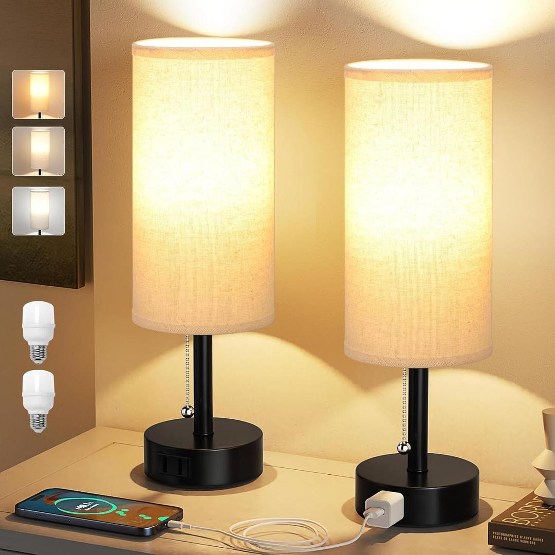 Bedside Table Lamps Set of 2-3 Color Temperatures Pull Chain Lamp with AC Outlet Charging Port, Round Night Stand Lamps for Bedroom Guest Room Office, Small Bed Side Light with E26 LED Bulbs (14.0in, Beige)