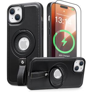 for iPhone 15 Leather Case with Stand, Anti-Slip Grip Ring, Fits for MagSafe (Black, iPhone 15)