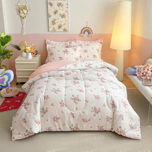 Joyreap Twin Size Comforter Set for Girls, Floral Pink n White Design, 3pcs Microfiber Princess Bedding Comforter Set for All Season, 68x88 inches