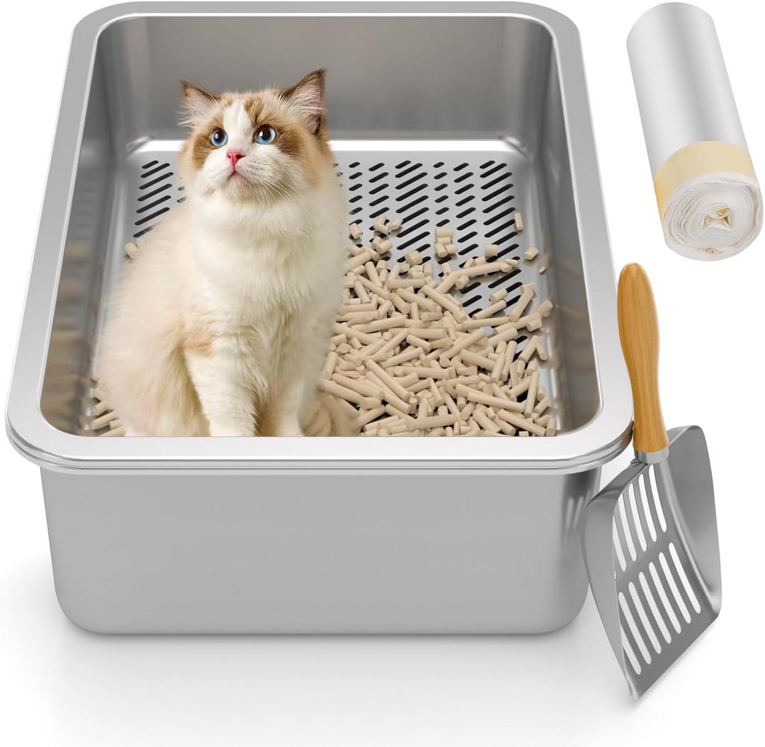 Stainless Steel Sifting Litter Box,Metal Sifting Cat Litter Box for Wood Pine Pellets,Medium Sifter Litter Pan System for Kittens,Odor Control,Easy to Clean,with Litter Boxes Liners and Metal Scoop