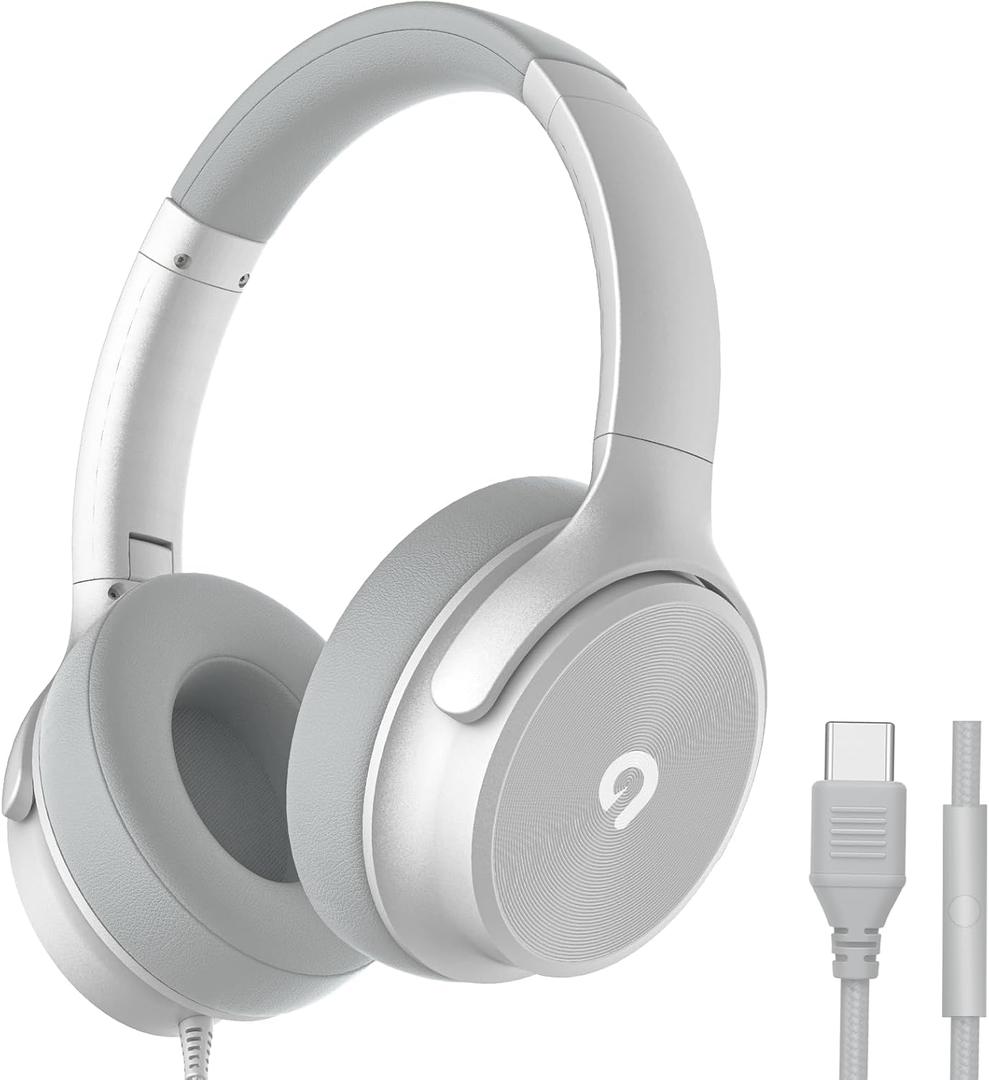 USB C Wired Over-Ear Headphones with Mic, Hi-Fi Stereo Sound, Noise-Isolating Ear Cups, Comfortable Fit for iPhone15/16, Samsung Galaxy S24/S23, Type-C Phones & Tablets (Silver)
