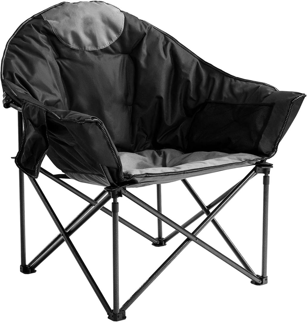 Oversized Camping Chair with Cup Holder & Carry Bag - 500lbs Heavy Duty Moon Saucer Chair for Outdoor, Lawn, Sports, Patio - Padded Folding Sofa Chair, Black & Gray, 1 PCS