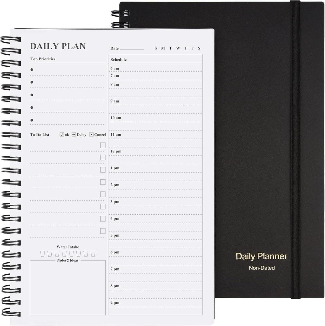 Daily Planner Undated, Asten To Do List Notebook Hourly Schedules Spiral Appointment Planner for Men and Women,PVC Hardcover,Elastic Closure, Inner Pocket 8.3" x 5.8" (Black)