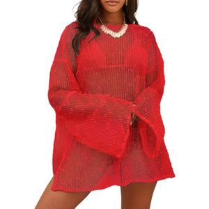 Lilosy Sexy Crochet Sheer Kaftan Caftan Beach Dress Bathing Suit Swim Coverup Summer Vacation Outfits One Piece (Red)