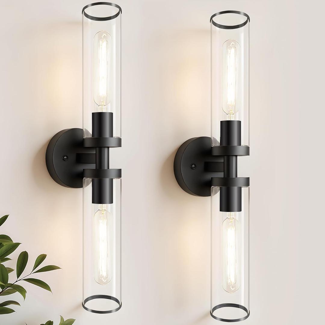 Black Wall Sconces, Set of 2, 22'' Modern Vanity Lights Fixture for Bathroom with Clear Glass, Wall Sconces Lighting, for Living Room/Bathroom Hallway Mirror/Bedroom (Bulbs Not Included)