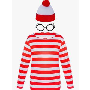 Yolyoo Adult Men Red and White Striped Tee Long Sleeve Shirt Glasses Hat Costume Set for Halloween Cosplay Party XXL