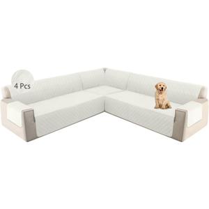 HDCAXKJ L Shape Couch Cover Sectional Sofa Cover 4 Pcs Corner Sectional Sofa Slipcovers Sets for Pets Dogs Washable Non Slip U Shaped Furniture Protector for Sectional Sofa (Ivory White, Large)