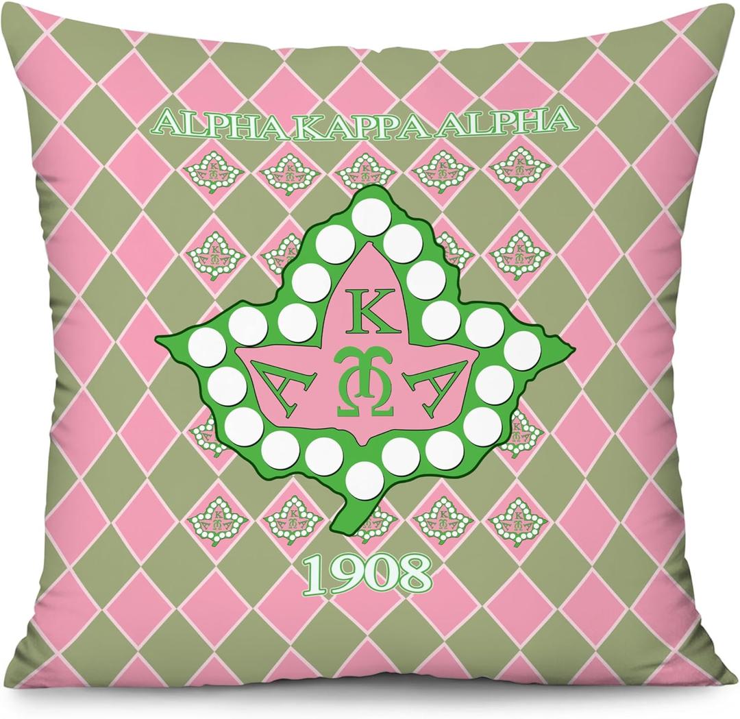 Sorority Gifts Throw Pillow Covers 18x18 Inch Pink Green Plaid Leaves Decorative Pillow Cases for Women Girls Couch Bed Office Bedroom Decor Square Velvet Throw Pillow Cover (1908)