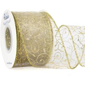 Ribbli Swirl Glitter Wired Ribbon Ivory Organza Sheer with Gold Glitter Swirl Pattern and Gold Metallic Edge,2-1/2Inch x 10Yards Christmas Ribbon for Tree Decoration
