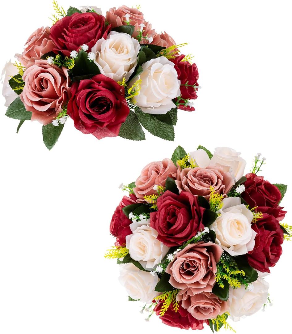 BLOSMON Flower Balls Wedding Centerpieces: 2 Pcs Burgundy Blush & White Fake Rose Flowers Kissing Decor Artificial Floral Arrangements Bouquet of Roses Home Party Room Table DIY Decoration