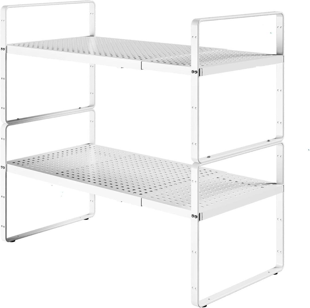 KIKIBRO Expandable Cabinet Shelf Organizers, Kitchen Small Stand Rack Organization for Countertop Cupborad Pantry, White 2 Pack