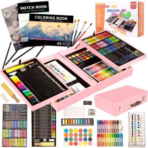 YArt Set, 168 Pack Wooden Art Stuffs, Painting Drawing Kits with 3pc Coloring Books, Oil Pastels, Watercolor Paints, Art Crafts kit, Deluxe Gift for Artist Beginners Kids Girls Boys