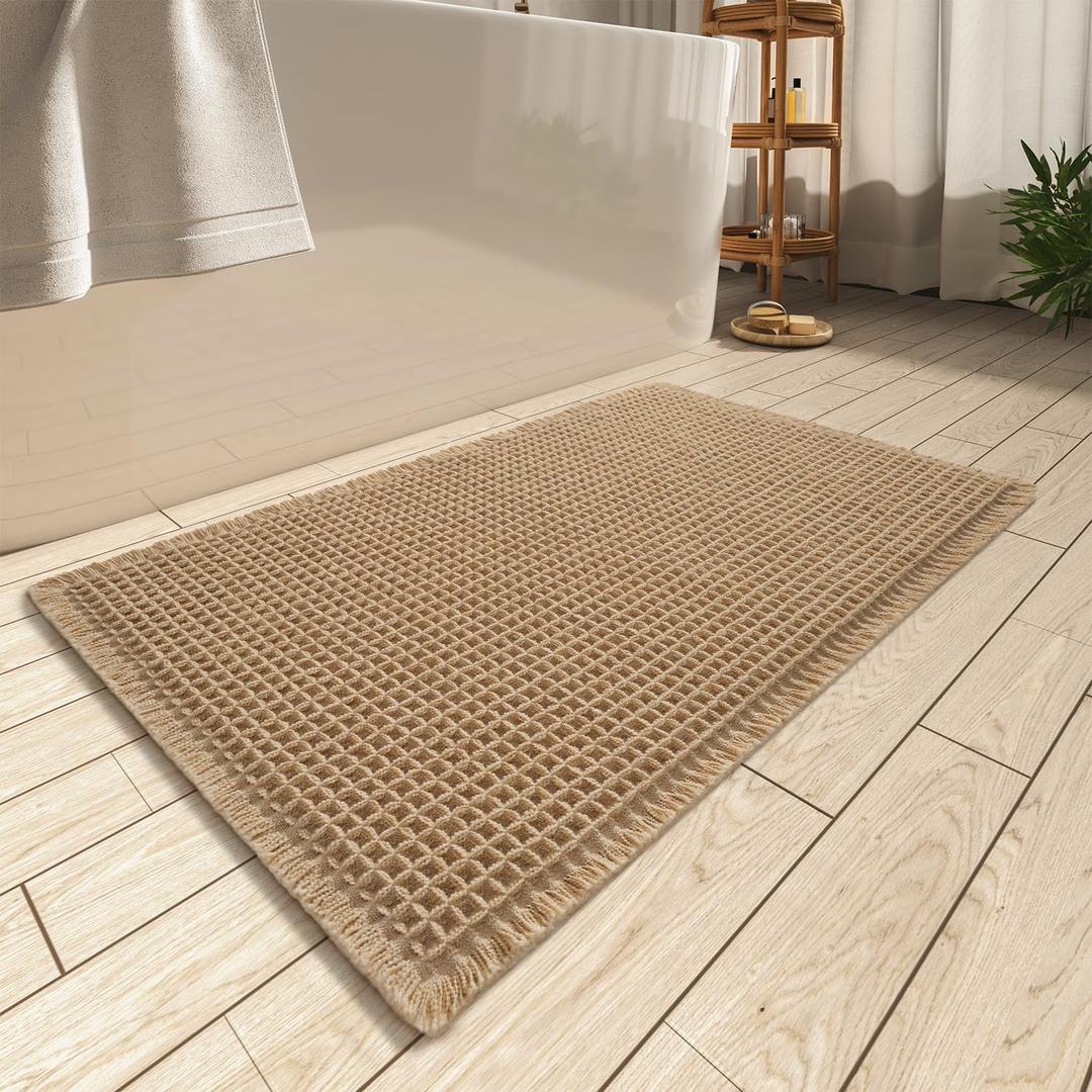 AMOAMI Upgraded Waffle Bath Mat, Super Absorbent Non Slip Bath Mats for Bathroom Floor, Machine Washable Bathroom Rugs with Tassels, Rubber Backed Bathroom Mats, Ultra Soft, 18" x 30", Brown (1'6" x 2'6")