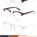 CCVOO 3 Pack Reading Glasses Blue Light Blocking, Retro Semi Rimless Readers for Men Women, Round Eyewear Filter UV400 (C1 Matte Black Silver/Clear Silver/Tea Gold) +1.25