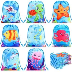 Cunno 24 Pcs Ocean Drawstring Treat Bags Reusable Sea Animal Birthday Goodie Candy Bag Under the Sea Underwater World Creature Drawstring Gift Package for Ocean Life Theme Party Favors Supplies
