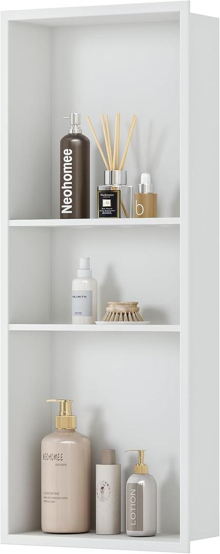Neodrain 12X30 in Shower Niche, 3 Layers White Wall Niche Tile Ready NO Tile Needed Stainless Steel Recessed Niches for Shower Wall Bathroom Storage
