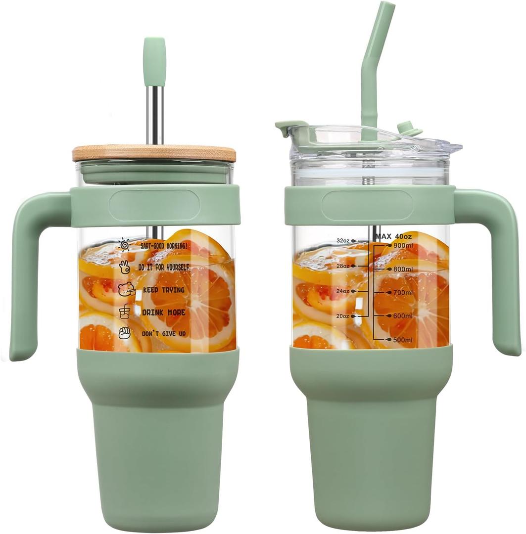 Chunmo 40 oz Glass Tumbler with 2 Lids - Bamboo Straw Lid & 2-in-1 Sip and Flip Straw Lid, Iced Coffee Cup with Handle, Glass Water Bottle with Silicone Sleeve, BPA Free - 1 Pack (Olive)