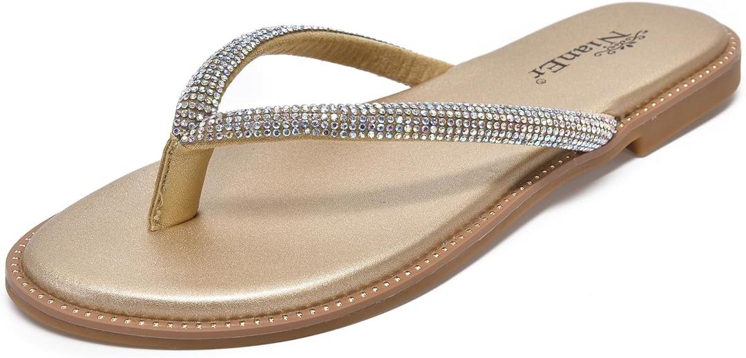 NianEr Womens Microfiber Leather Comfort Foam Rhinestone Glitter Sparkly Dress Flip Flop Sandals Summer Cute Flat Slides (Gold)