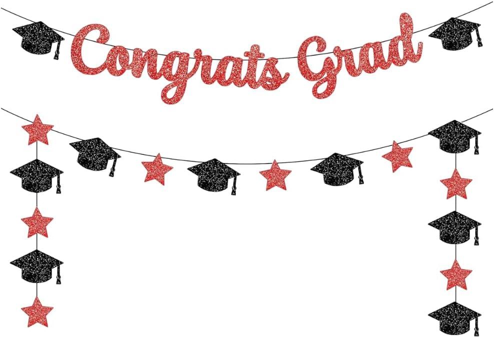 Graduation Decorations 2026 | Glitter Congrats Grad Banner Red and Black - 10 Feet | Black and Red Graduation Banner | Grad Cap Garland for Grad Decorations Class of 2026, KatchOn