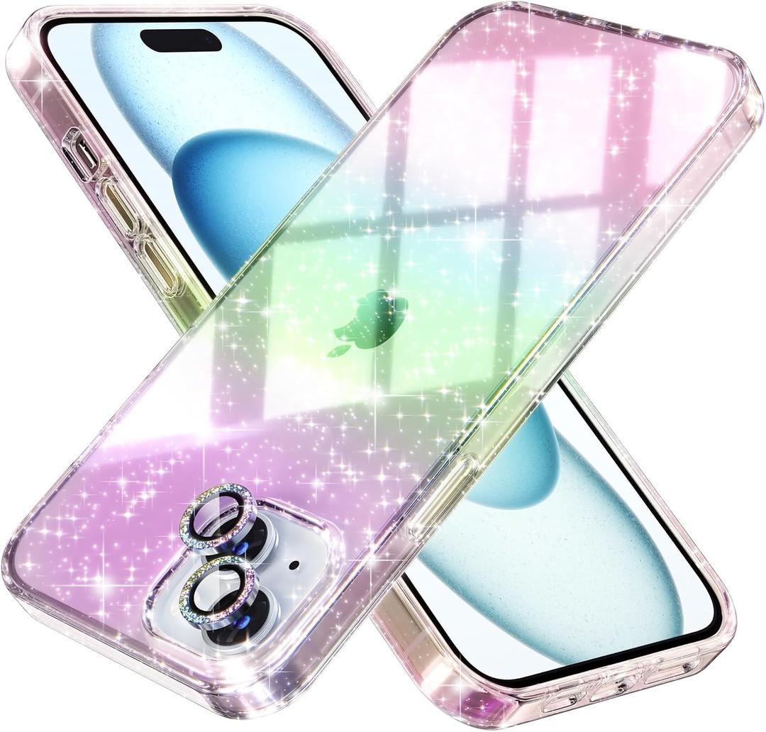 Choiche Compatible for iPhone 15 Plus Case Women Phone Case, Cute Bling Sparkly, Military Grade Drop Protection, 2 Diamond Camera Lens Covers, 2 Tempered Glass Protectors, 6.7 inch (Glitter Colorful)