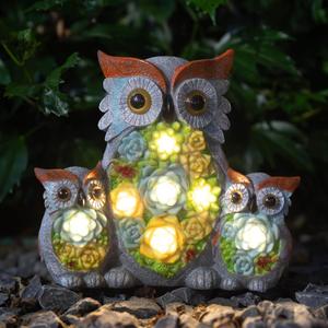 Owl Garden Outdoor Statue, Solar Figurine LED Lights, Succulent Plants Garden Decorations for Porch Patio Yard Lawn, Unique Gifts for Friends and Family