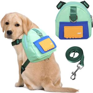 Dog Backpack Harness with Leash,Cute Pet Puppy Backpacks Bulid-in Dog Poop Bag Dispenser,Adjustable Pets Self Carrier Bag for Small Medium Dogs Travel Hiking Daily Walking(M, Green)